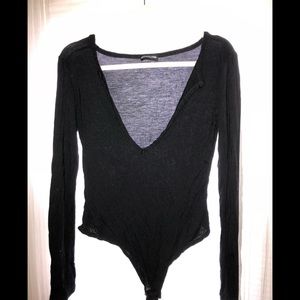 Plunge Neck Long Sleeve Black Body Suit